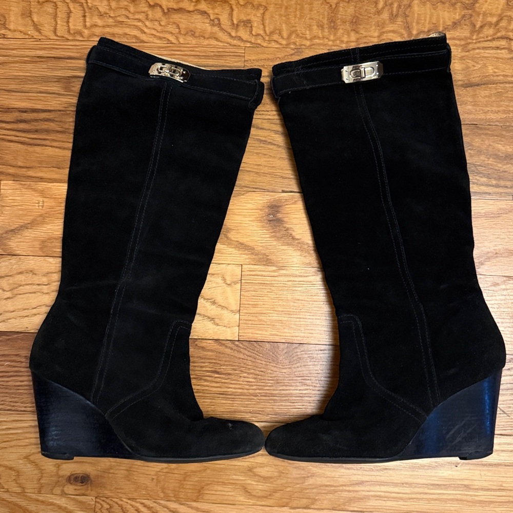 Coach Black Suede Boots with Silver Buckle